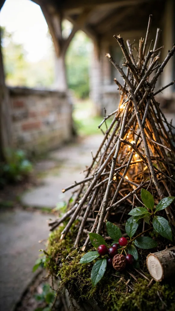 Twig teepee lit from within by lights