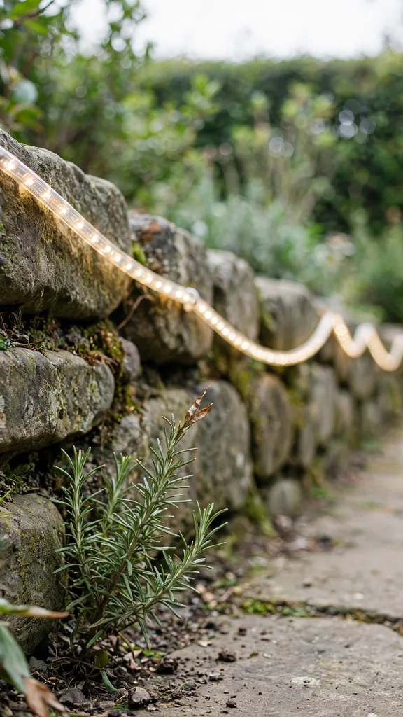 Rope lights running along a low stone wall