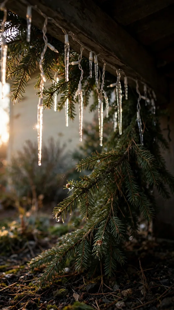 Icicle lights hanging above fir garland
