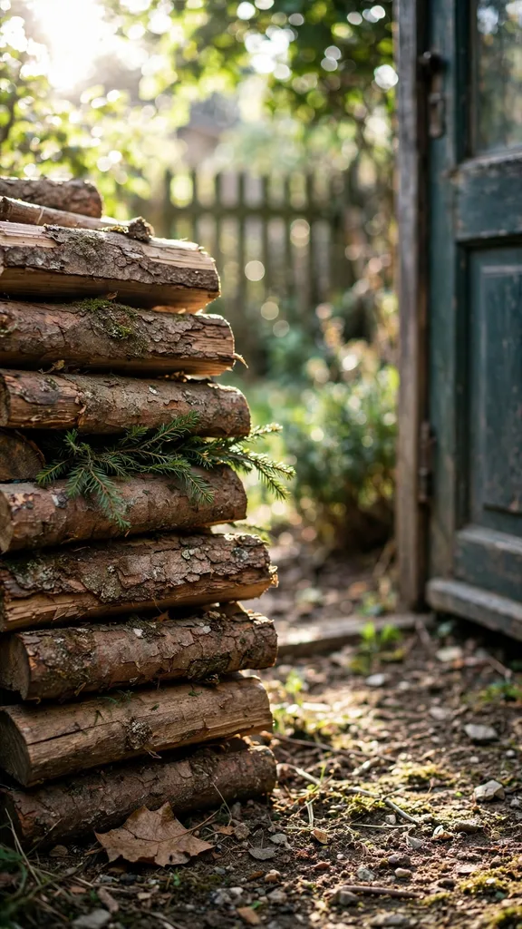 Stacked firewood with evergreen sprigs beside a door