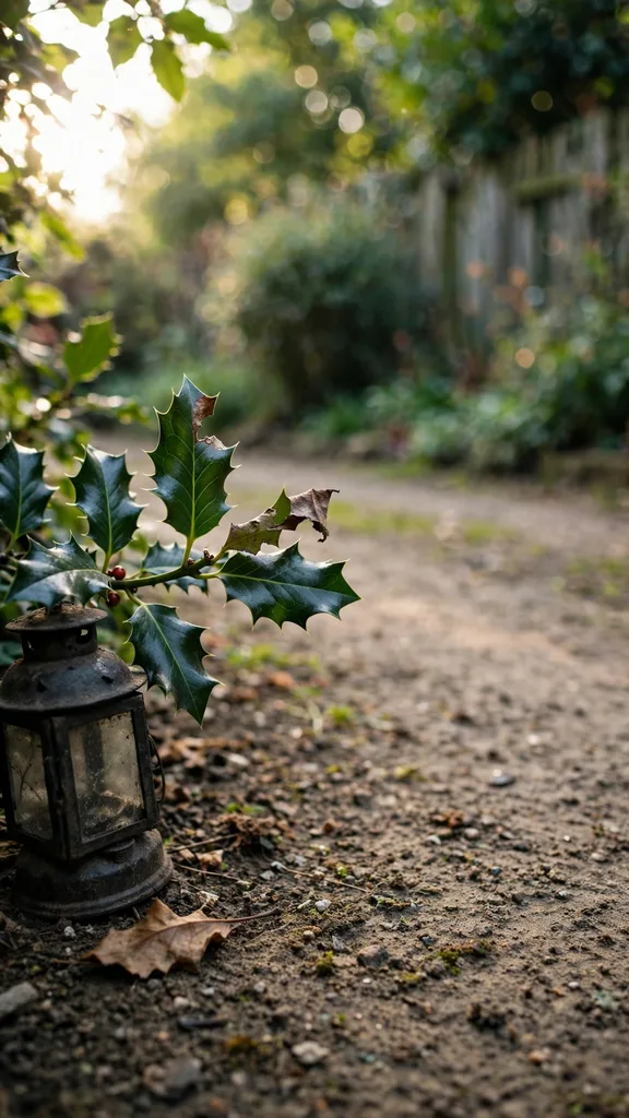 Low lanterns and holly along a drive edge