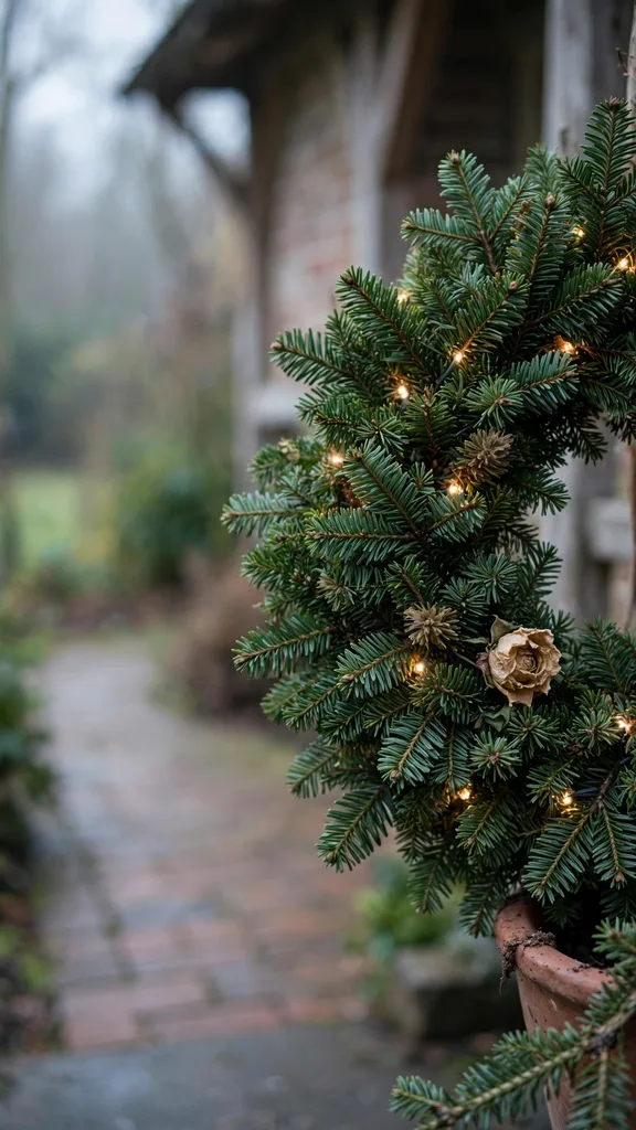 Lit wreath form over living fir