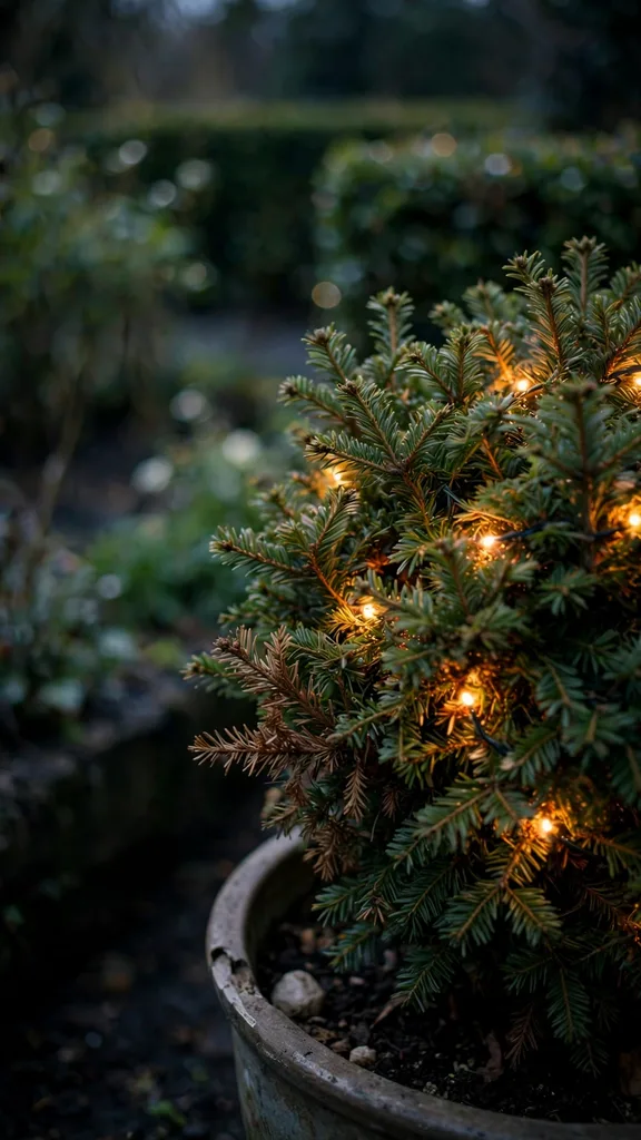 Fir hedge glowing at dusk
