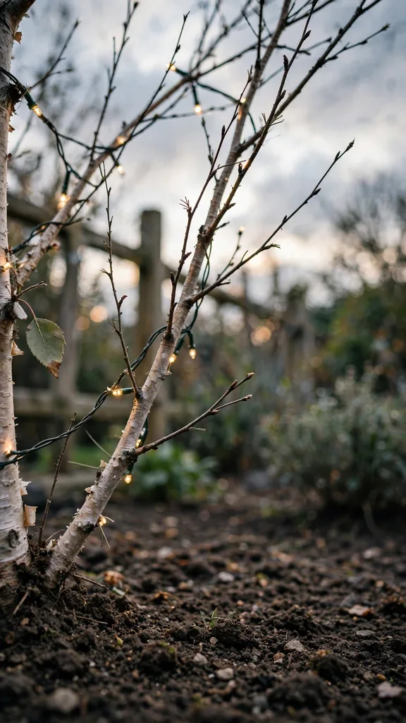 Lights threaded through a bare birch frame