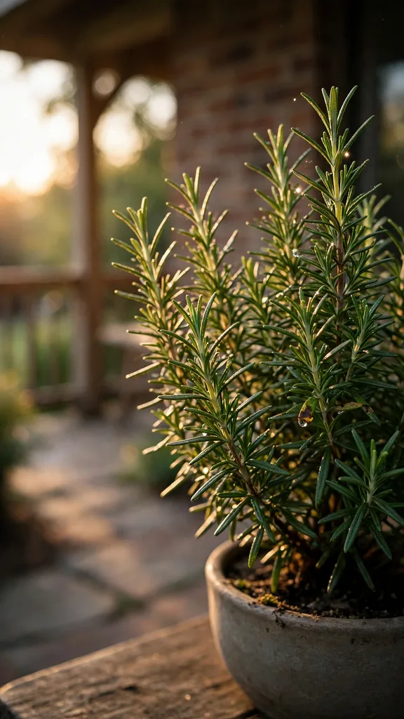 Living rosemary centerpiece on an outdoor table