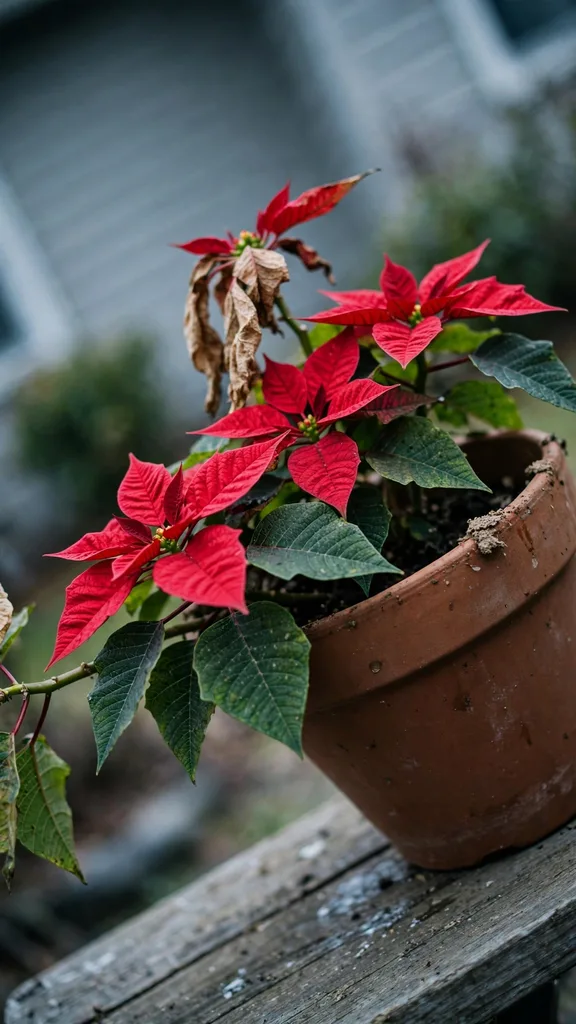 Potted poinsettias on a sheltered porch table
