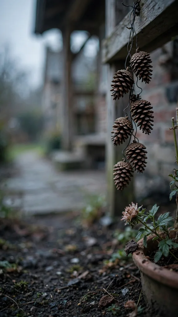 Pinecone swag hanging from a porch beam