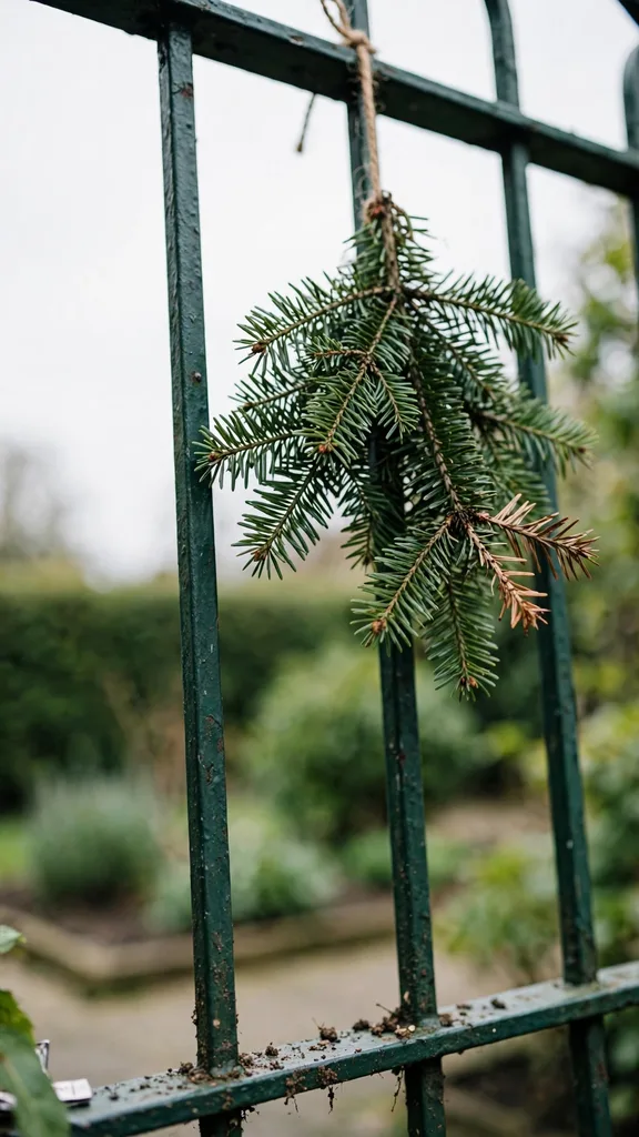 Small fir swag hanging on a garden gate