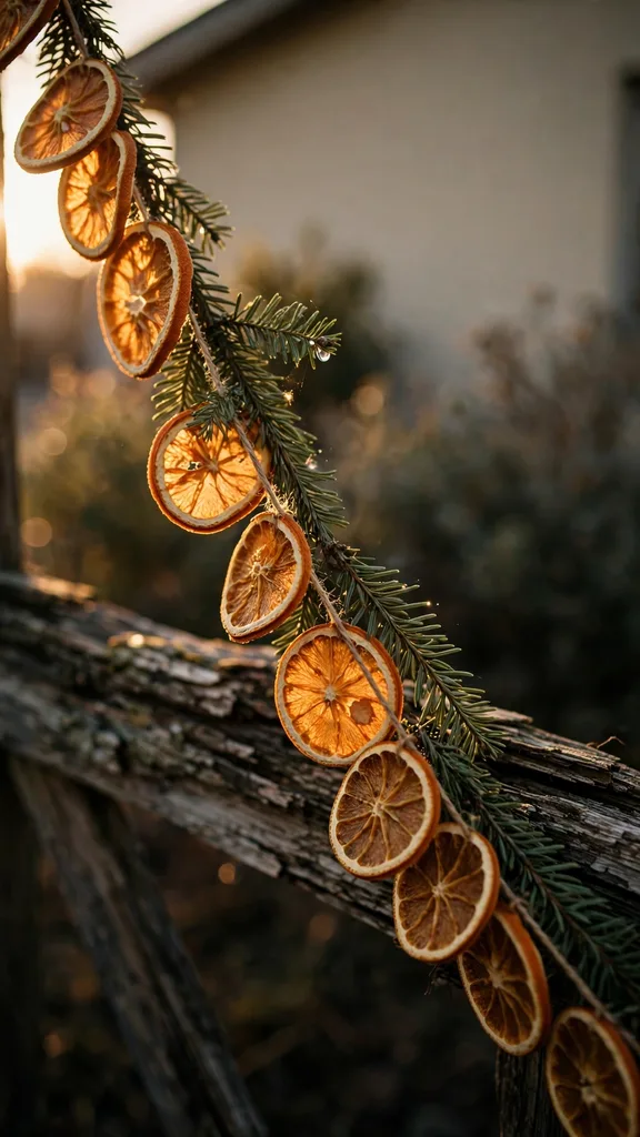 Dried orange and fir garland on a fence