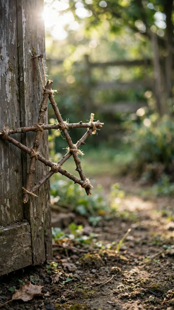 Twig star hanging on a garden shed door