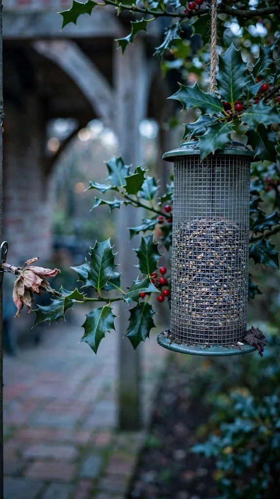 Bird feeder hanging among holly branches