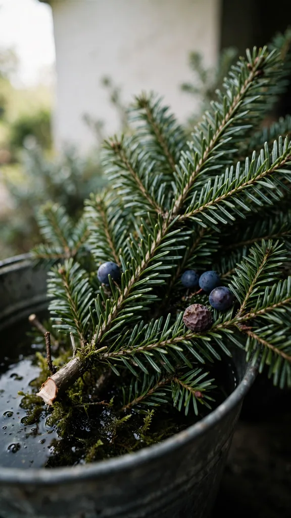 Cut fir boughs standing in a bucket of water