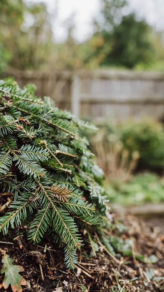 Compost heap layered with spent fir cuttings