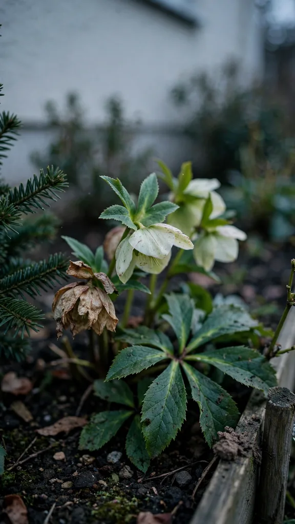 Winter garden bed at dusk with hellebores