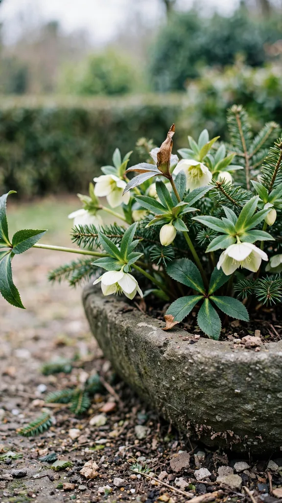 Quiet winter garden corner with hellebores and fir