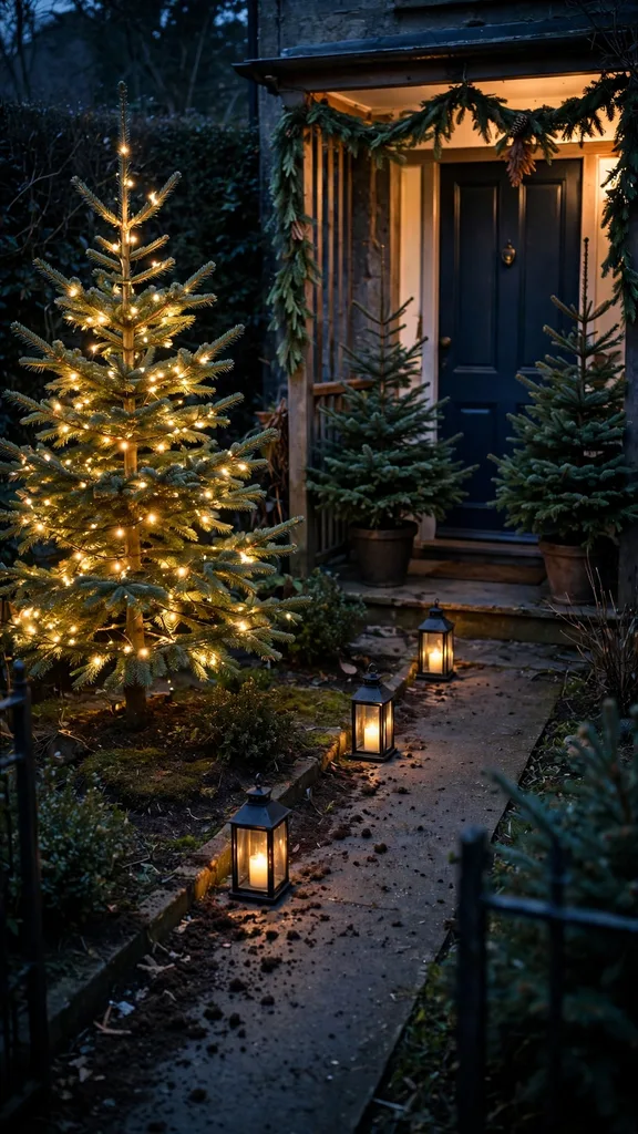 Full front garden Christmas display at dusk with lit tree