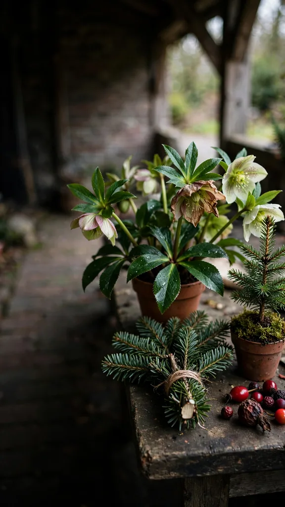 Outdoor table with potted hellebores and fir