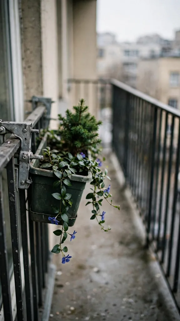Small window box hung on a narrow apartment balcony rail