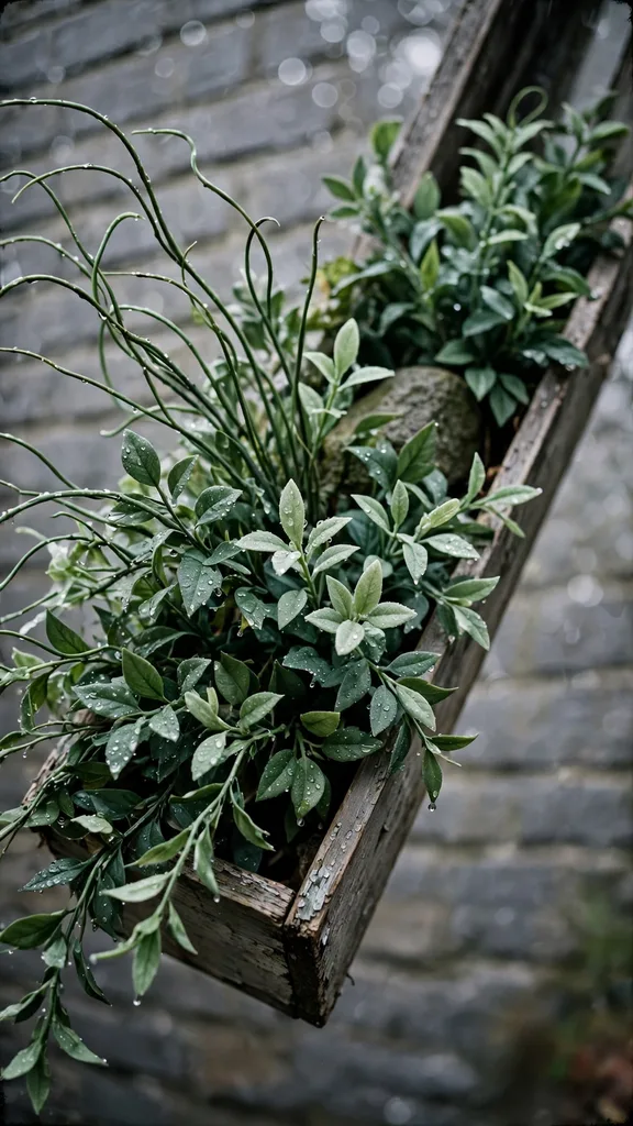 Window box filled with artificial greenery in two shades of green