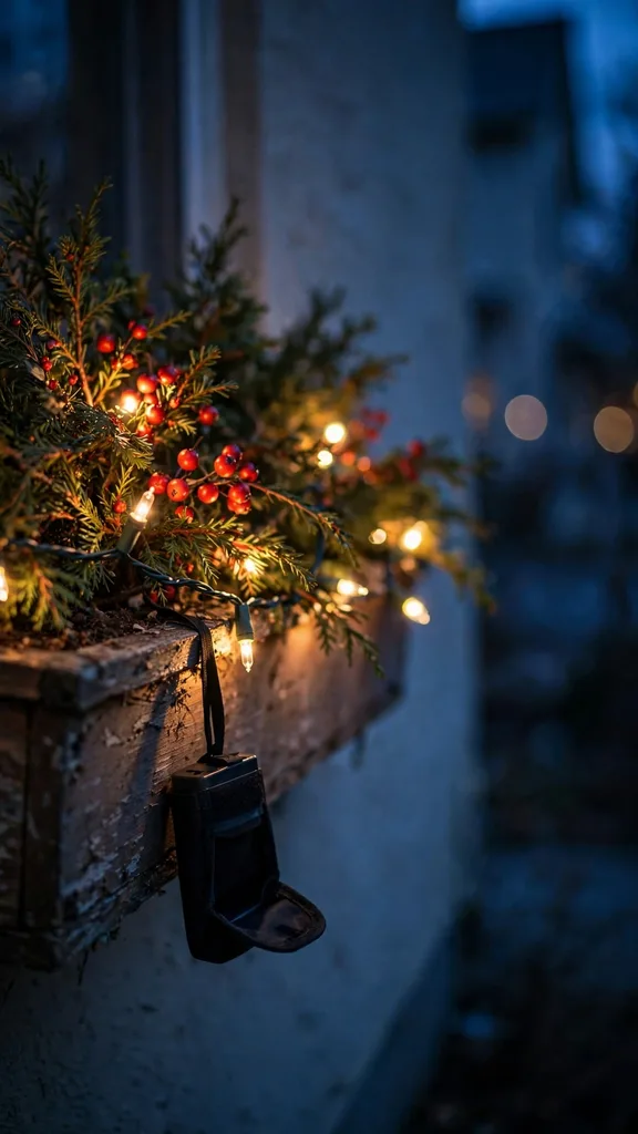 Living window box draped with warm battery lights after dark