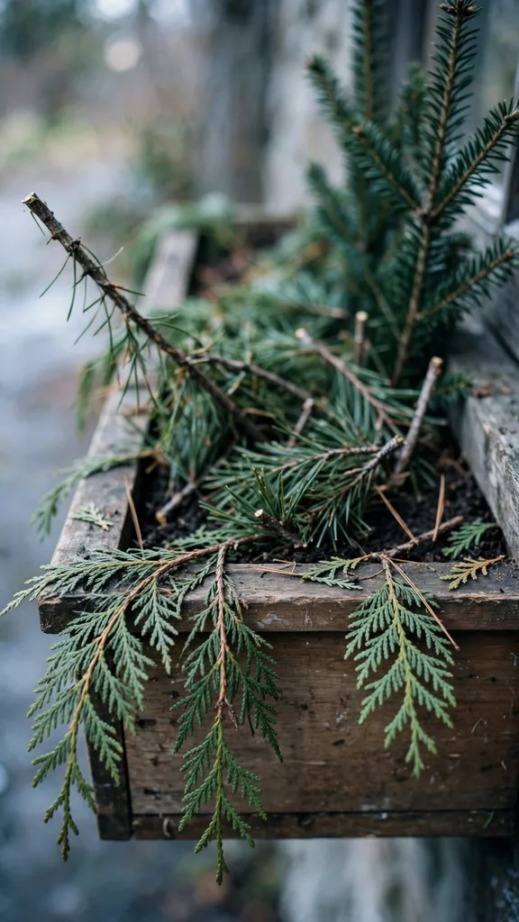 Window box filled with cut evergreen branches and cedar sprays