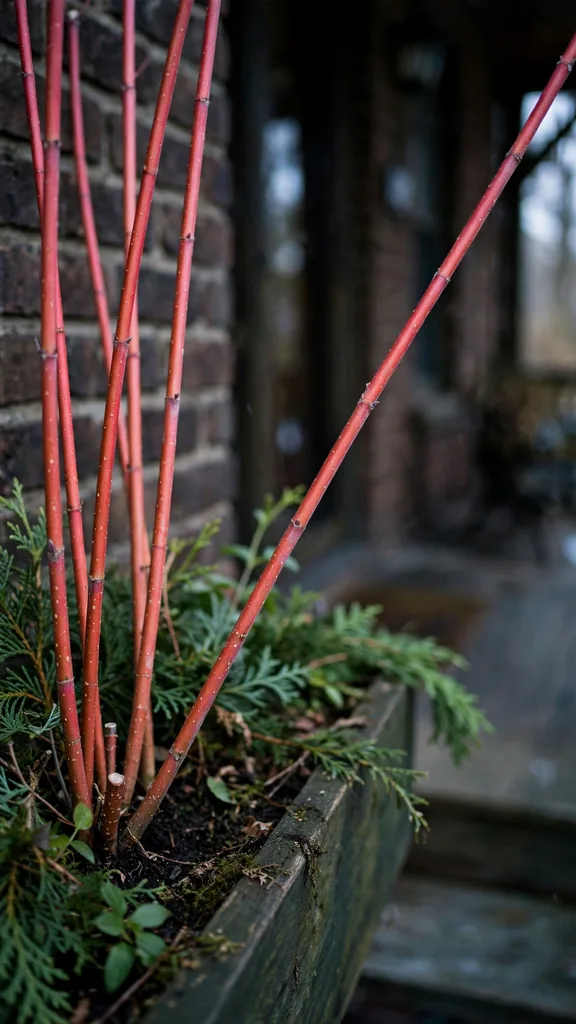 Cut red-twig dogwood stems standing among evergreens in a window box