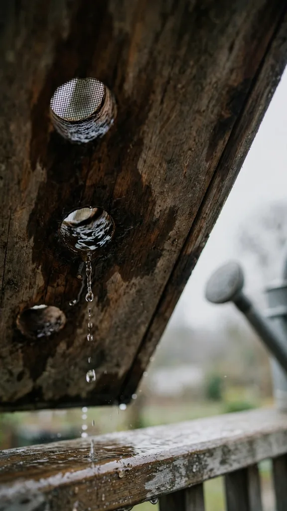 Underside of a wooden window box with water dripping from drainage holes