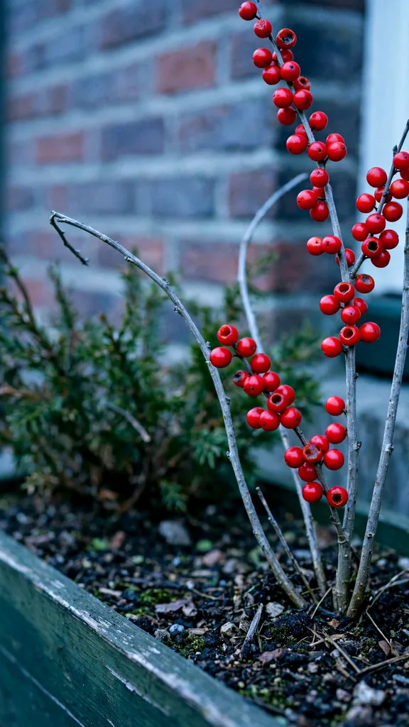 Dwarf winterberry with glossy red berries on bare stems in a window box