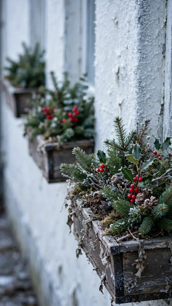 Row of winter window boxes along a house wall in January