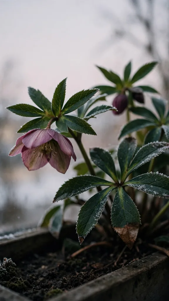 Hellebore flowers nodding low among dark green leaves in a window box