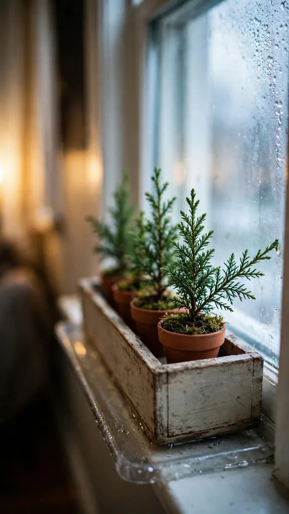 Shallow window box with potted plants on an indoor windowsill