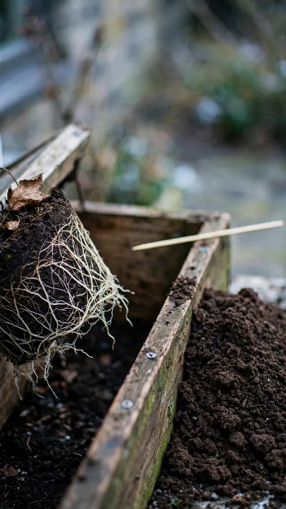 Window box root ball lifted at one edge showing pale root tips