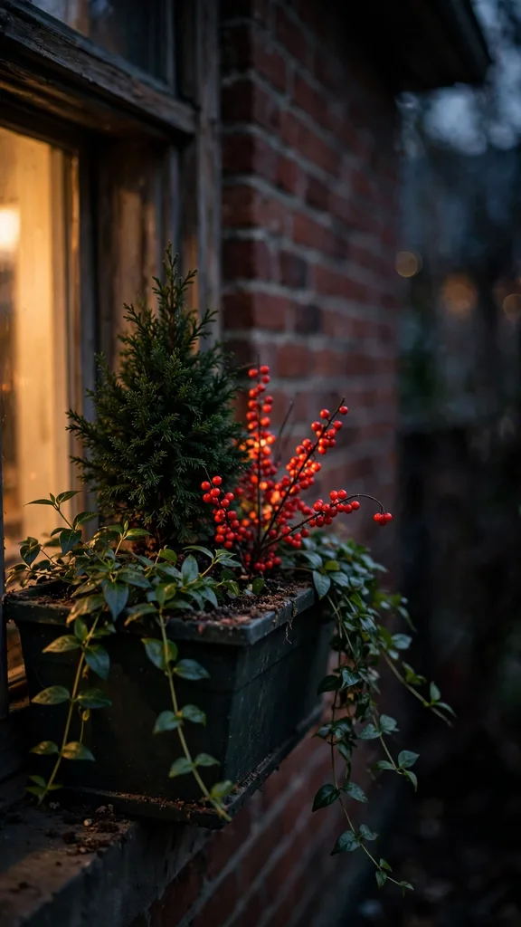 Finished layered window box with evergreen, berries, and trailers at dusk