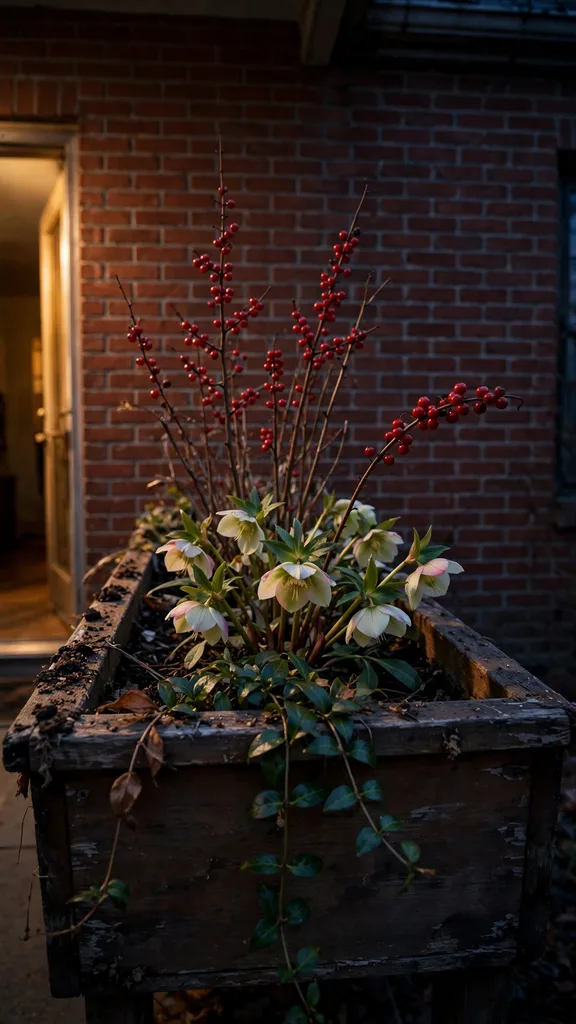 Window box with living winterberry, hellebores, and trailing vinca at a porch window.