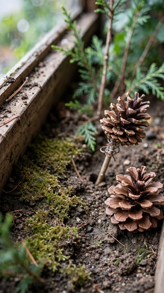 Pinecones and moss patches on the soil of a live window box
