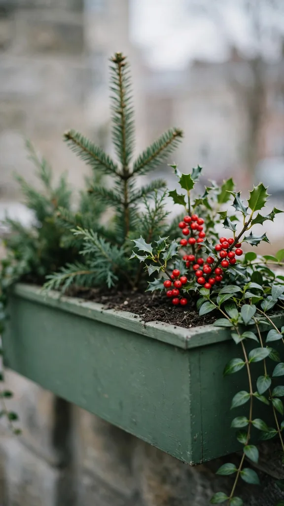 Plain winter green window box in January after decoration removal