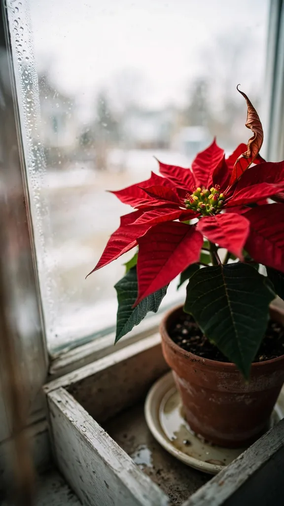 Poinsettia with red bracts in a pot inside an indoor window box