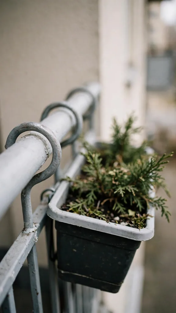 Rail-hung window box hooked over a balcony rail with no screws