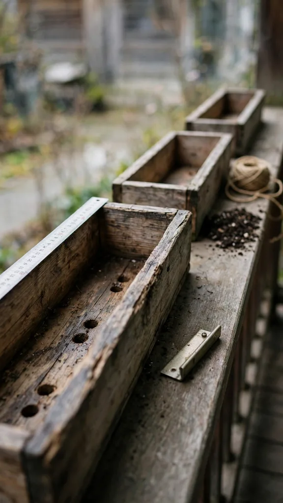Three empty wooden window boxes of different lengths on a porch rail