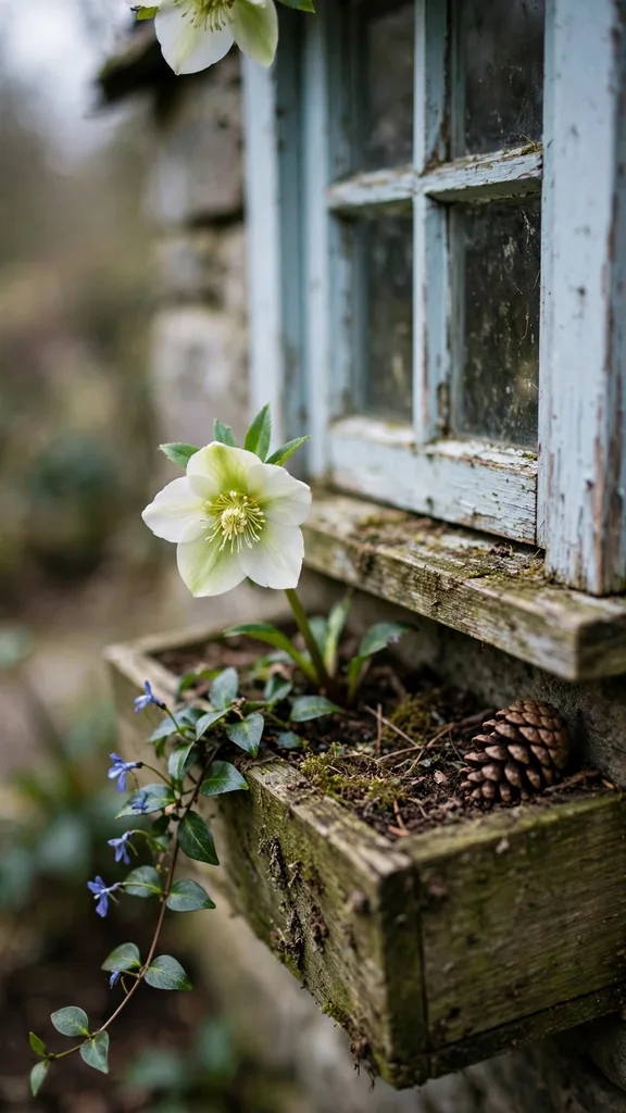 One small window box with a hellebore under a single small window