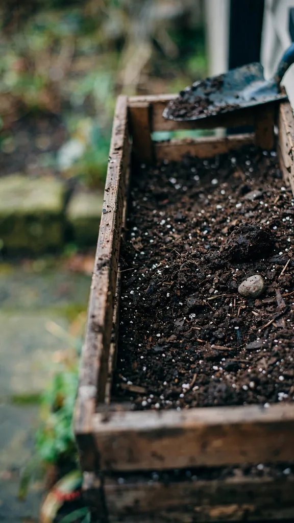 Window box soil mix with perlite flecks levelled below the rim