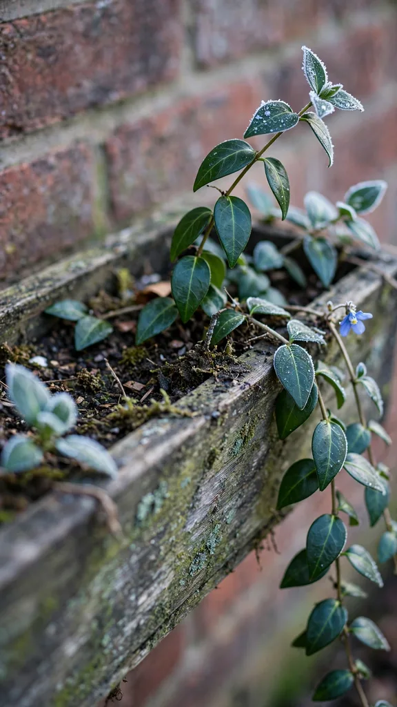 Vinca trailing evergreen stems over the front edge of a window box