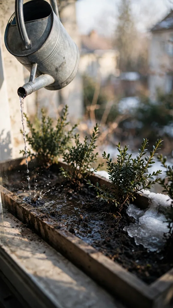 Narrow-spout watering can watering a winter window box on a mild day