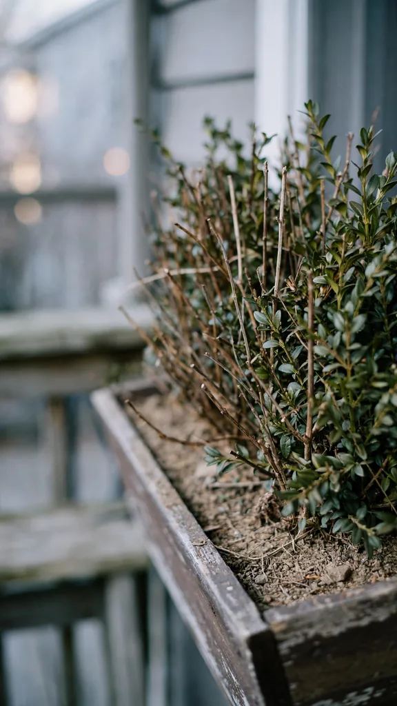Quiet winter window box at rest with firm evergreen foliage