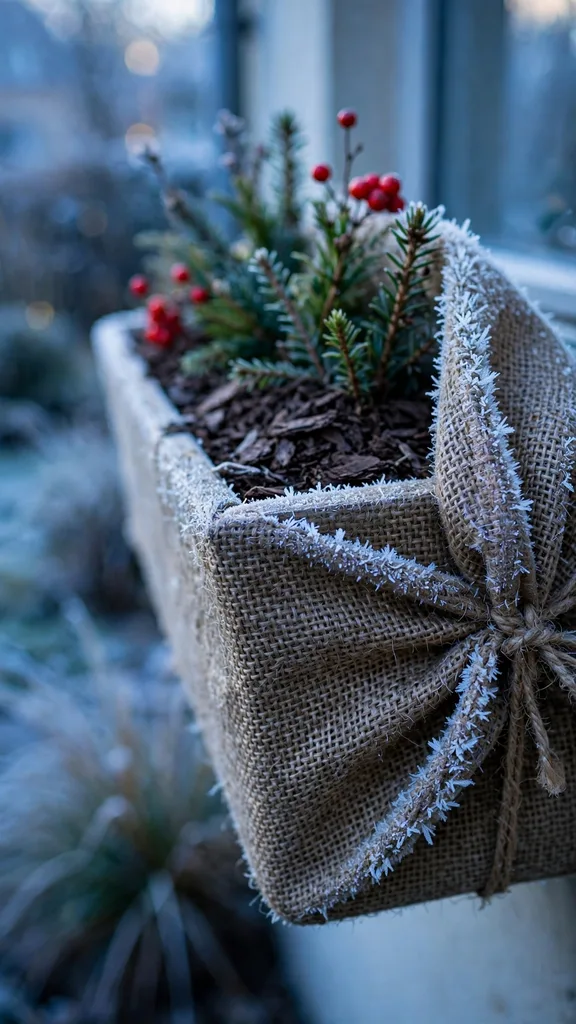 Window box with sides wrapped in hessian against frost