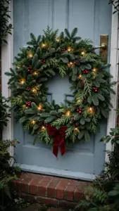 A full evergreen Christmas wreath with red ornaments and lights hanging on a front door.