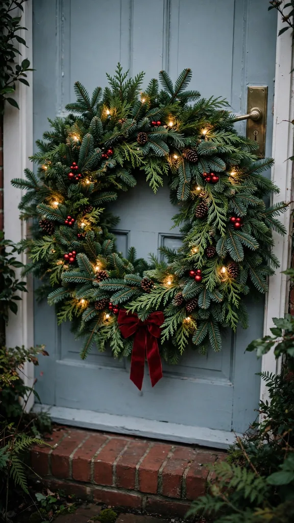 A full evergreen Christmas wreath with red ornaments and lights hanging on a front door.