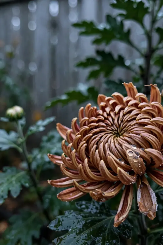 Bronze garden chrysanthemum bloom covered in morning dew