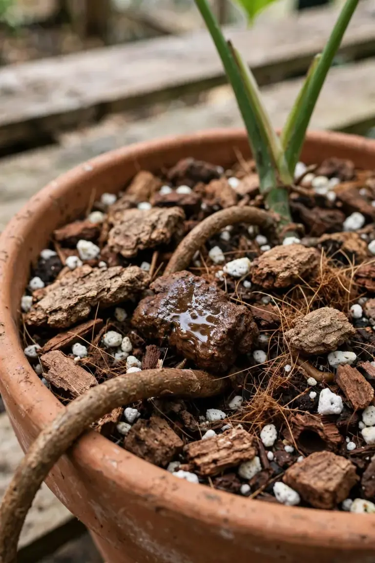 Chunky aroid mix of bark, perlite and coir in a terracotta pot