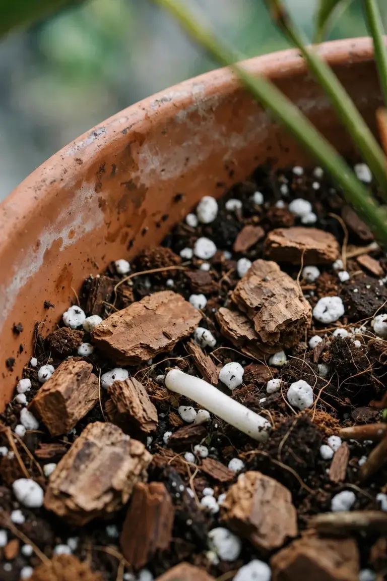 Close-up of chunky aroid mix with bark, perlite and coir in a terracotta pot